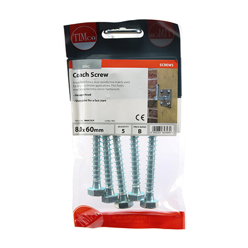 This is an image showing TIMCO Coach Screws - Hex - Zinc - 8.0 x 60 - 5 Pieces TIMpac available from T.H Wiggans Ironmongery in Kendal, quick delivery at discounted prices.