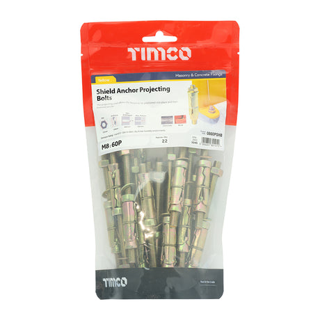 This is an image showing TIMCO Shield Anchor Projecting Bolts - Yellow - M8:60P (M8 x 120) - 22 Pieces TIMbag available from T.H Wiggans Ironmongery in Kendal, quick delivery at discounted prices.
