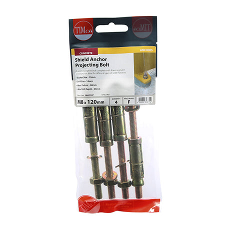 This is an image showing TIMCO Shield Anchor Projecting Bolts - Yellow - M8:60P (M8 x 120) - 4 Pieces TIMpac available from T.H Wiggans Ironmongery in Kendal, quick delivery at discounted prices.