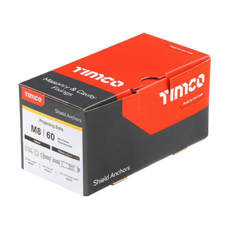 This is an image showing TIMCO Shield Anchor - Projecting Bolts - Yellow - M8:60P (M8 x 120) - 50 Pieces Box available from T.H Wiggans Ironmongery in Kendal, quick delivery at discounted prices.