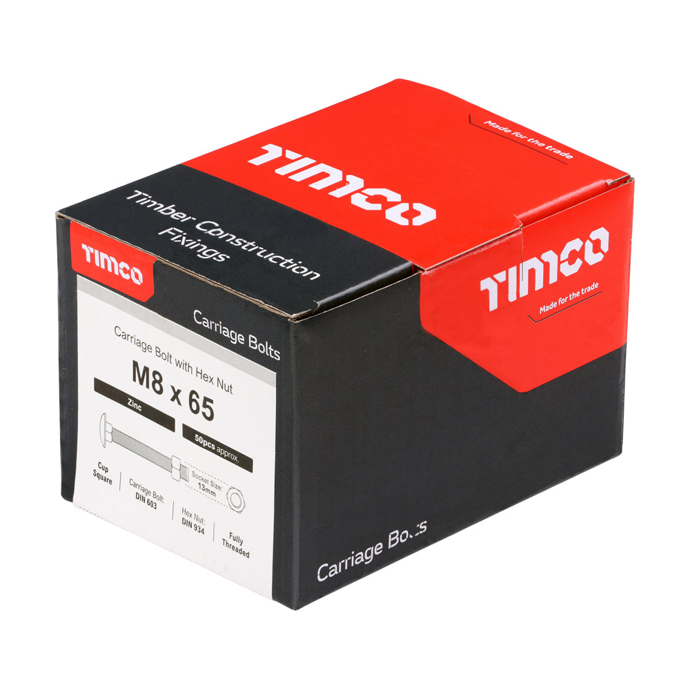 This is an image showing TIMCO Carriage Bolts & Hex Nuts - Zinc - M8 x 65 - 50 Pieces Box available from T.H Wiggans Ironmongery in Kendal, quick delivery at discounted prices.