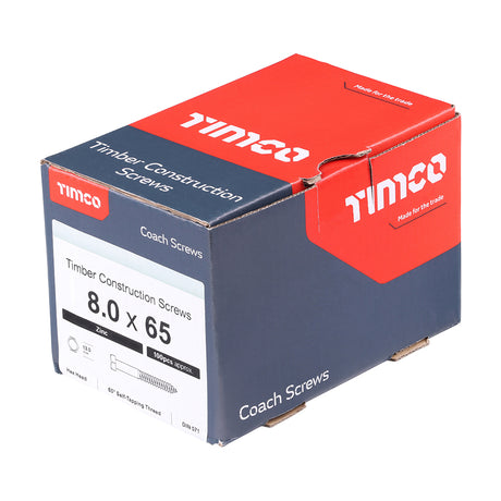 This is an image showing TIMCO Coach Screws - Hex - Zinc - 8.0 x 65 - 100 Pieces Box available from T.H Wiggans Ironmongery in Kendal, quick delivery at discounted prices.
