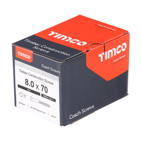 This is an image showing TIMCO Coach Screws - Hex - Zinc - 8.0 x 70 - 100 Pieces Box available from T.H Wiggans Ironmongery in Kendal, quick delivery at discounted prices.