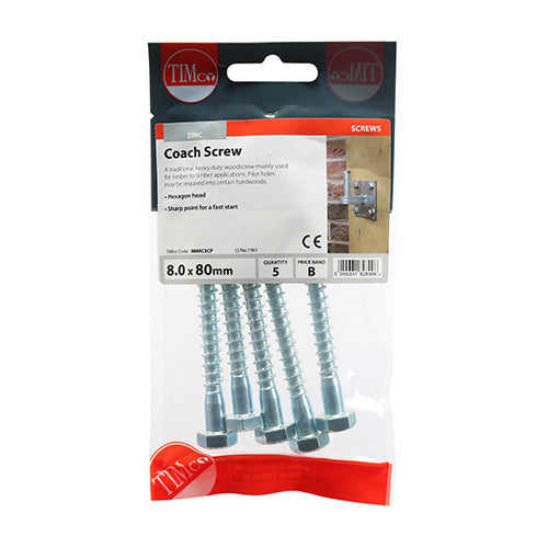 This is an image showing TIMCO Coach Screws - Hex - Zinc - 8.0 x 80 - 5 Pieces TIMpac available from T.H Wiggans Ironmongery in Kendal, quick delivery at discounted prices.