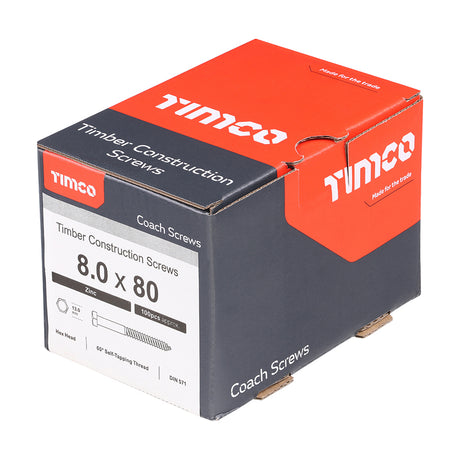 This is an image showing TIMCO Coach Screws - Hex - Zinc - 8.0 x 80 - 100 Pieces Box available from T.H Wiggans Ironmongery in Kendal, quick delivery at discounted prices.