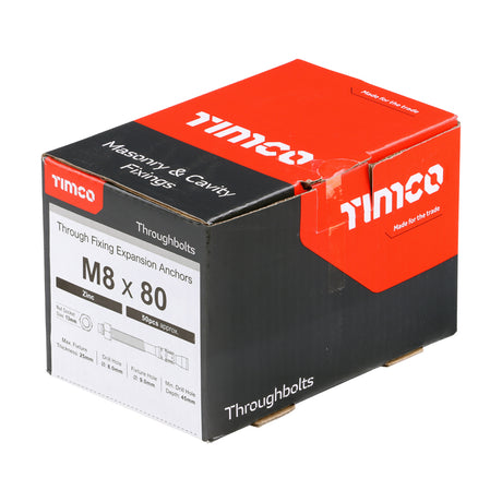 This is an image showing TIMCO Throughbolts - Zinc - M8 x 80 - 50 Pieces Box available from T.H Wiggans Ironmongery in Kendal, quick delivery at discounted prices.