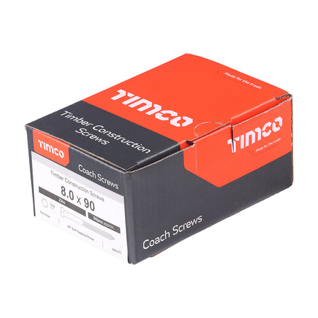 This is an image showing TIMCO Coach Screws - Hex - Zinc - 8.0 x 90 - 50 Pieces Box available from T.H Wiggans Ironmongery in Kendal, quick delivery at discounted prices.