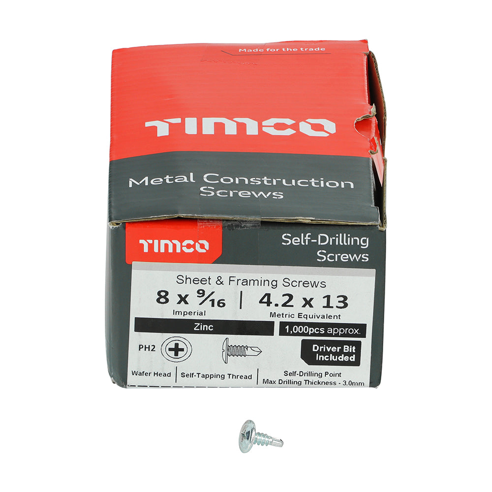This is an image showing TIMCO Metal Construction Sheet & Framing Screws - PH - Wafer - Self-Drilling - Zinc - 8 x 9/16 - 1000 Pieces Box available from T.H Wiggans Ironmongery in Kendal, quick delivery at discounted prices.