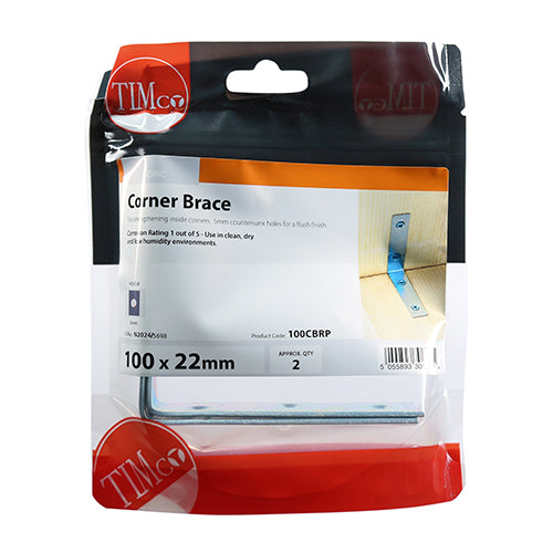 This is an image showing TIMCO Corner Braces - Zinc - 100 x 100 x 22 - 2 Pieces TIMpac available from T.H Wiggans Ironmongery in Kendal, quick delivery at discounted prices.