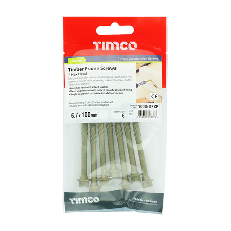This is an image showing TIMCO Timber Screws - Hex Head - Exterior - Green - 6.7 x 100 - 6 Pieces TIMpac available from T.H Wiggans Ironmongery in Kendal, quick delivery at discounted prices.
