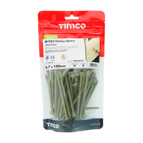 This is an image showing TIMCO Timber Screws - Hex Head - Exterior - Green - 6.7 x 100 - 50 Pieces TIMbag available from T.H Wiggans Ironmongery in Kendal, quick delivery at discounted prices.