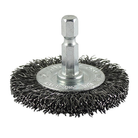 This is an image showing TIMCO Drill Wheel Brush - Crimped Steel Wire - 100mm - 1 Each Blister Pack available from T.H Wiggans Ironmongery in Kendal, quick delivery at discounted prices.