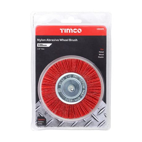 This is an image showing TIMCO Drill Wheel Brush - Nylon - 100mm - 1 Each Blister Pack available from T.H Wiggans Ironmongery in Kendal, quick delivery at discounted prices.