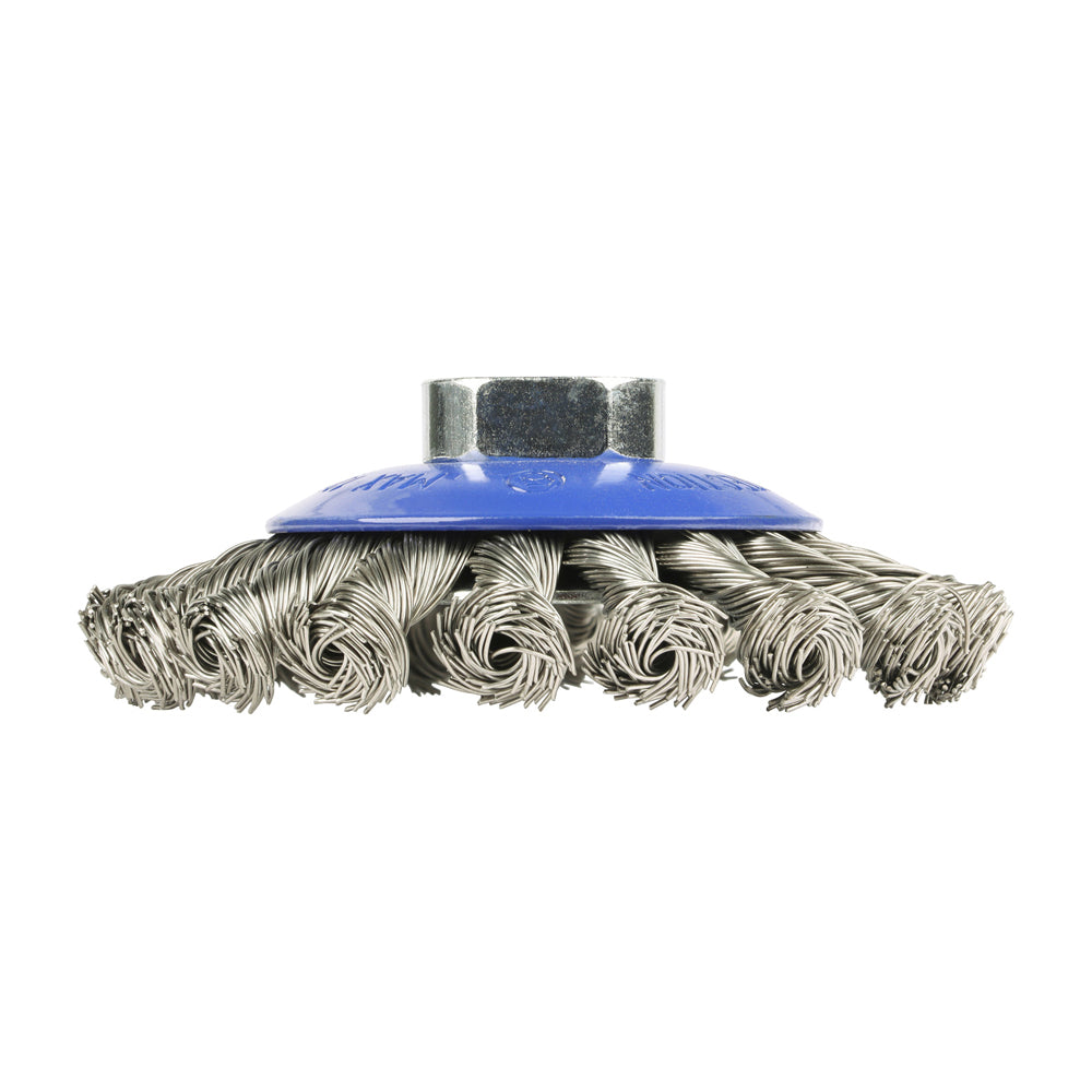 This is an image showing TIMCO Angle Grinder Bevel Brush - Twisted Knot Stainless Steel - 100mm - 1 Each Blister Pack available from T.H Wiggans Ironmongery in Kendal, quick delivery at discounted prices.