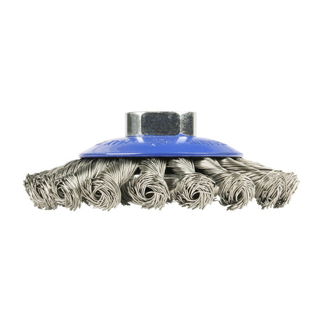 This is an image showing TIMCO Angle Grinder Bevel Brush - Twisted Knot Stainless Steel - 100mm - 1 Each Blister Pack available from T.H Wiggans Ironmongery in Kendal, quick delivery at discounted prices.