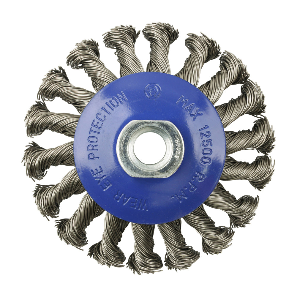 This is an image showing TIMCO Angle Grinder Bevel Brush - Twisted Knot Stainless Steel - 100mm - 1 Each Blister Pack available from T.H Wiggans Ironmongery in Kendal, quick delivery at discounted prices.