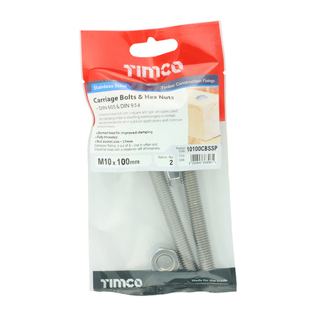 This is an image showing TIMCO Carriage Bolts & Hex Nuts - Stainless Steel - M10 x 100 - 2 Pieces TIMpac available from T.H Wiggans Ironmongery in Kendal, quick delivery at discounted prices.