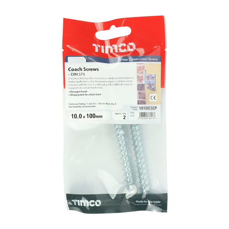 This is an image showing TIMCO Coach Screws - Hex - Zinc - 10.0 x 100 - 2 Pieces TIMpac available from T.H Wiggans Ironmongery in Kendal, quick delivery at discounted prices.