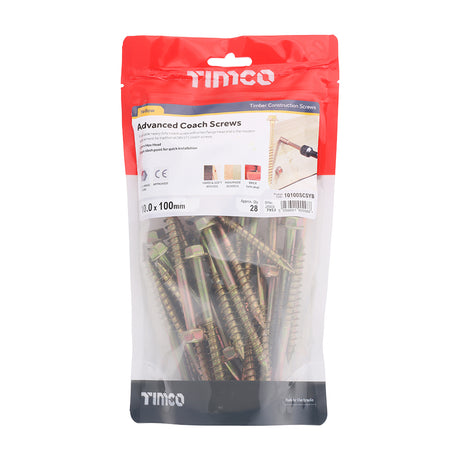 This is an image showing TIMCO Advanced Coach Screws - Hex Flange - Yellow - 10.0 x 100 - 28 Pieces TIMbag available from T.H Wiggans Ironmongery in Kendal, quick delivery at discounted prices.