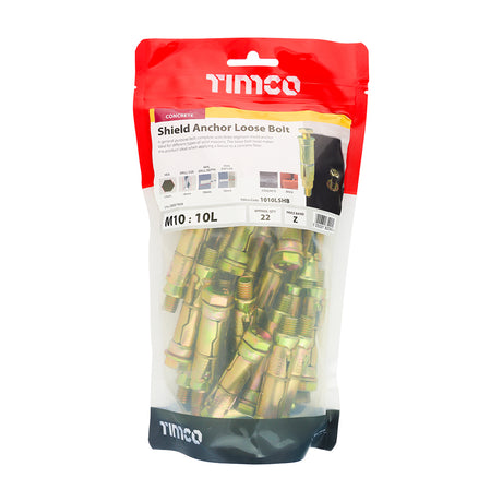 This is an image showing TIMCO Shield Anchor Loose Bolts - Yellow - M10:10L (M10 x 70) - 22 Pieces TIMbag available from T.H Wiggans Ironmongery in Kendal, quick delivery at discounted prices.