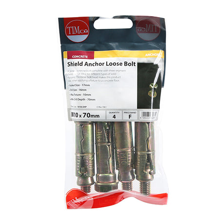 This is an image showing TIMCO Shield Anchor Loose Bolts - Yellow - M10:10L (M10 x 70) - 4 Pieces TIMpac available from T.H Wiggans Ironmongery in Kendal, quick delivery at discounted prices.