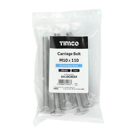 This is an image showing TIMCO Carriage Bolts - A2 Stainless Steel - M10 x 110 - 5 Pieces Bag available from T.H Wiggans Ironmongery in Kendal, quick delivery at discounted prices.