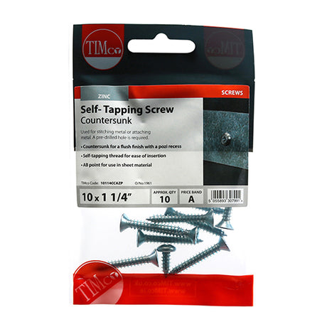 This is an image showing TIMCO Self-Tapping Screws - PZ - Countersunk - Zinc - 10 x 1 1/4 - 10 Pieces TIMpac available from T.H Wiggans Ironmongery in Kendal, quick delivery at discounted prices.
