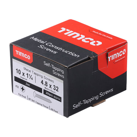 This is an image showing TIMCO Self-Tapping Screws - PZ - Pan - Zinc - 10 x 1 1/4 - 200 Pieces Box available from T.H Wiggans Ironmongery in Kendal, quick delivery at discounted prices.