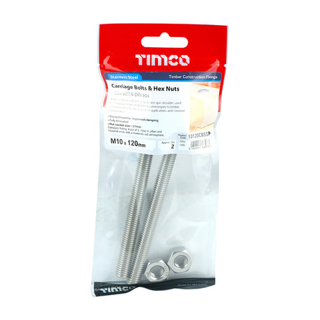 This is an image showing TIMCO Carriage Bolts & Hex Nuts - Stainless Steel - M10 x 120 - 2 Pieces TIMpac available from T.H Wiggans Ironmongery in Kendal, quick delivery at discounted prices.