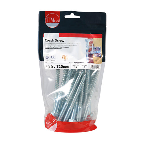 This is an image showing TIMCO Coach Screws - Hex - Zinc - 10.0 x 120 - 24 Pieces TIMbag available from T.H Wiggans Ironmongery in Kendal, quick delivery at discounted prices.