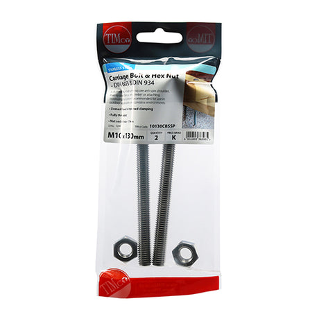 This is an image showing TIMCO Carriage Bolts & Hex Nuts - Stainless Steel - M10 x 130 - 2 Pieces TIMpac available from T.H Wiggans Ironmongery in Kendal, quick delivery at discounted prices.