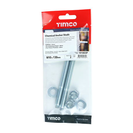 This is an image showing TIMCO Chemical Anchor Studs - Zinc - M10 x 130 - 2 Pieces TIMpac available from T.H Wiggans Ironmongery in Kendal, quick delivery at discounted prices.