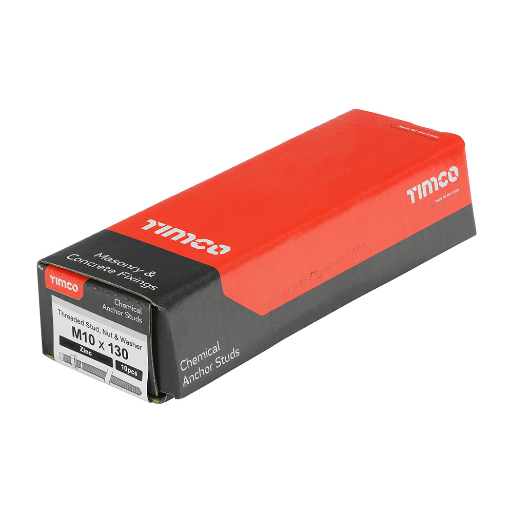 This is an image showing TIMCO Chemical Anchor Threaded Studs, Nuts & Washers - Zinc - M10 x 130 - 10 Pieces Box available from T.H Wiggans Ironmongery in Kendal, quick delivery at discounted prices.
