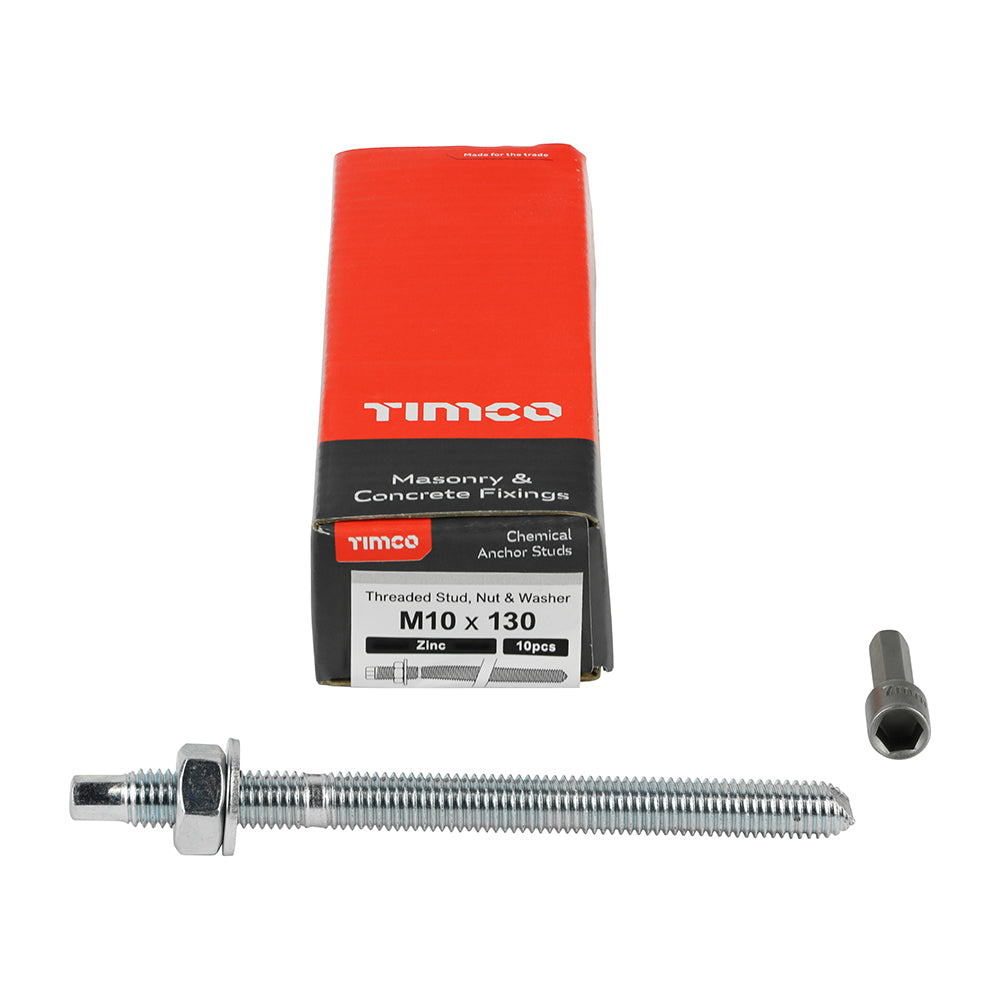 This is an image showing TIMCO Chemical Anchor Threaded Studs, Nuts & Washers - Zinc - M10 x 130 - 10 Pieces Box available from T.H Wiggans Ironmongery in Kendal, quick delivery at discounted prices.