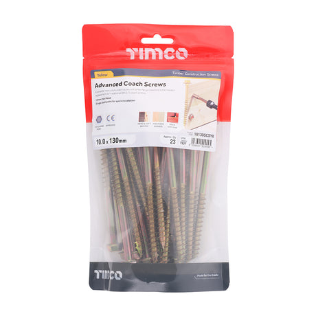 This is an image showing TIMCO Advanced Coach Screws - Hex Flange - Yellow - 10.0 x 130 - 23 Pieces TIMbag available from T.H Wiggans Ironmongery in Kendal, quick delivery at discounted prices.