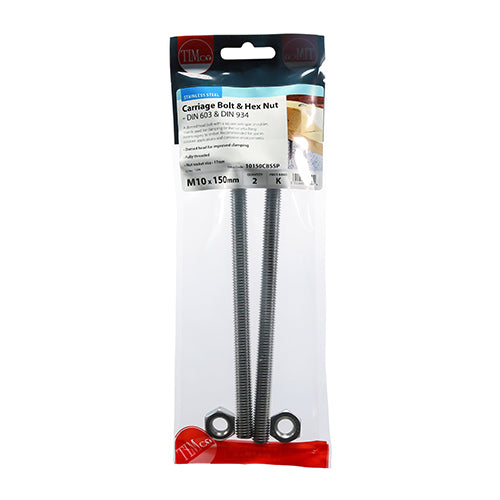 This is an image showing TIMCO Carriage Bolts & Hex Nuts - Stainless Steel - M10 x 150 - 2 Pieces TIMpac available from T.H Wiggans Ironmongery in Kendal, quick delivery at discounted prices.