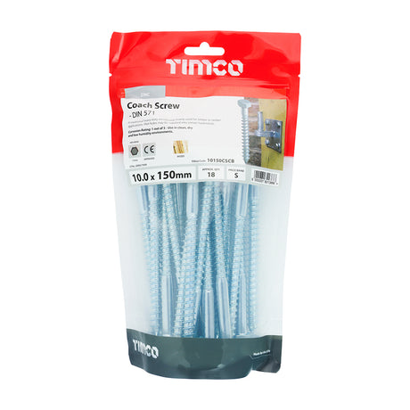 This is an image showing TIMCO Coach Screws - Hex - Zinc - 10.0 x 150 - 18 Pieces TIMbag available from T.H Wiggans Ironmongery in Kendal, quick delivery at discounted prices.