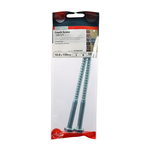 This is an image showing TIMCO Coach Screws - Hex - Zinc - 10.0 x 150 - 2 Pieces TIMpac available from T.H Wiggans Ironmongery in Kendal, quick delivery at discounted prices.