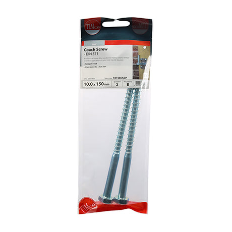 This is an image showing TIMCO Coach Screws - Hex - Zinc - 10.0 x 150 - 2 Pieces TIMpac available from T.H Wiggans Ironmongery in Kendal, quick delivery at discounted prices.