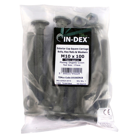 This is an image showing TIMCO Carriage Bolts Hex Nuts & Form A Washers - Dome - Exterior - Green - M10 x 150 - 10 Pieces Bag available from T.H Wiggans Ironmongery in Kendal, quick delivery at discounted prices.
