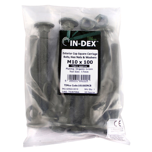 This is an image showing TIMCO Carriage Bolts Hex Nuts & Form A Washers - Dome - Exterior - Green - M10 x 150 - 10 Pieces Bag available from T.H Wiggans Ironmongery in Kendal, quick delivery at discounted prices.