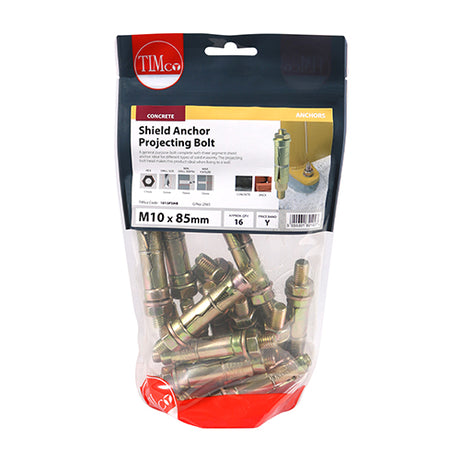 This is an image showing TIMCO Shield Anchor Projecting Bolts - Yellow - M10:15P (M10 x 85) - 16 Pieces TIMbag available from T.H Wiggans Ironmongery in Kendal, quick delivery at discounted prices.