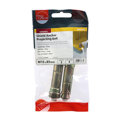This is an image showing TIMCO Shield Anchor Projecting Bolts - Yellow - M10:15P (M10 x 85) - 2 Pieces TIMpac available from T.H Wiggans Ironmongery in Kendal, quick delivery at discounted prices.
