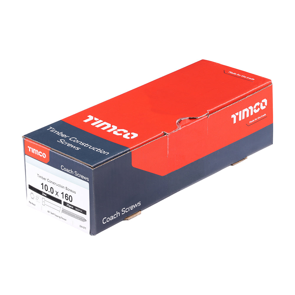 This is an image showing TIMCO Coach Screws - Hex - Zinc - 10.0 x 160 - 25 Pieces Box available from T.H Wiggans Ironmongery in Kendal, quick delivery at discounted prices.
