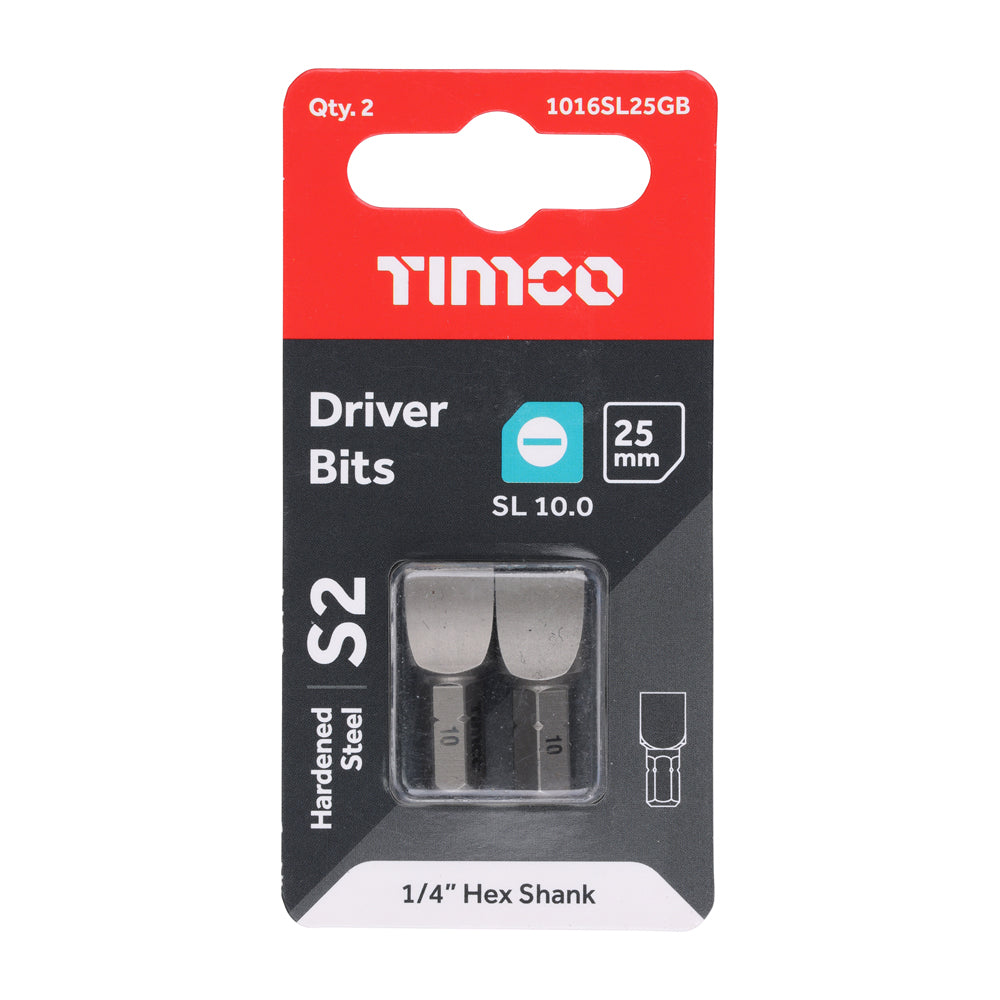 This is an image showing TIMCO S2 Driver Bits - SL - 10.0 x 1.6 x 25 - 2 Pieces Blister Pack available from T.H Wiggans Ironmongery in Kendal, quick delivery at discounted prices.