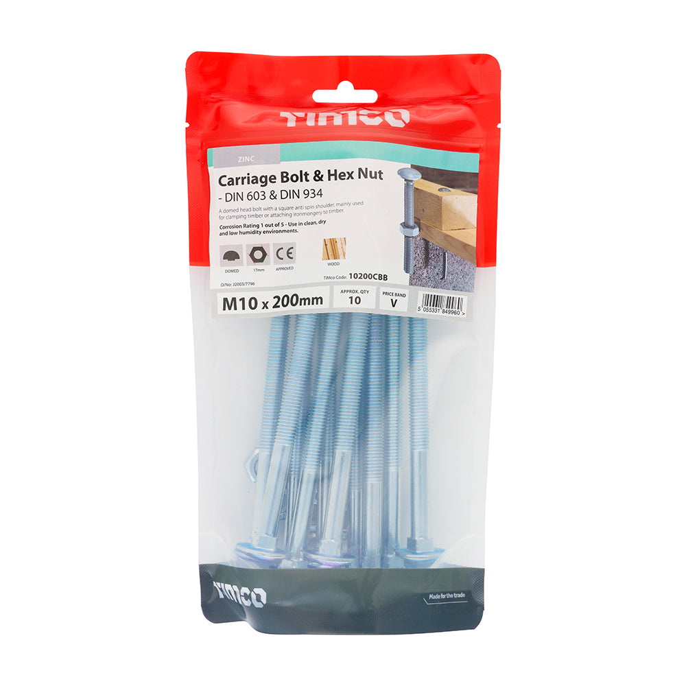 This is an image showing TIMCO Carriage Bolts & Hex Nuts - Zinc - M10 x 200 - 10 Pieces TIMbag available from T.H Wiggans Ironmongery in Kendal, quick delivery at discounted prices.