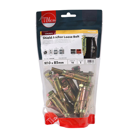 This is an image showing TIMCO Shield Anchor Loose Bolts - Yellow - M10:25L (M10 x 85) - 16 Pieces TIMbag available from T.H Wiggans Ironmongery in Kendal, quick delivery at discounted prices.