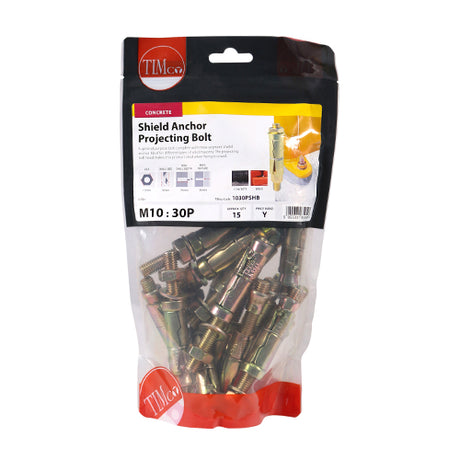 This is an image showing TIMCO Shield Anchor Projecting Bolts - Yellow - M10:30P (M10 x 100) - 15 Pieces TIMbag available from T.H Wiggans Ironmongery in Kendal, quick delivery at discounted prices.