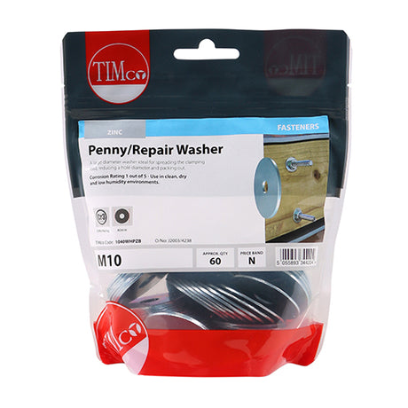 This is an image showing TIMCO Penny / Repair Washers - Zinc - M10 x 40 - 60 Pieces TIMbag available from T.H Wiggans Ironmongery in Kendal, quick delivery at discounted prices.