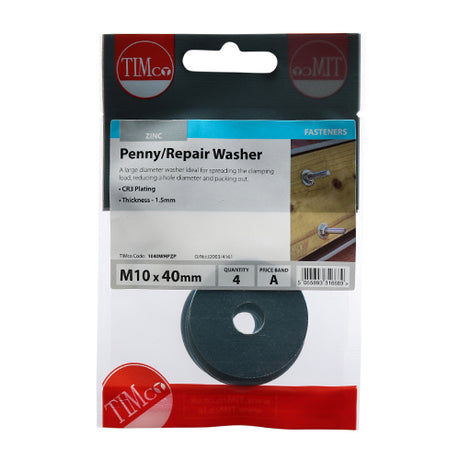 This is an image showing TIMCO Penny / Repair Washers - Zinc - M10 x 40 - 4 Pieces TIMpac available from T.H Wiggans Ironmongery in Kendal, quick delivery at discounted prices.